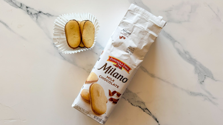 Milano Milk Chocolate cookies on marble countertop
