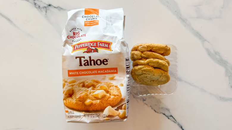 Tahoe White Chocolate Macadamia cookies on marble countertop