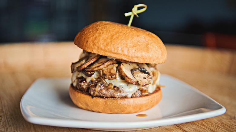 Pub burger with mushrooms and Swiss cheese