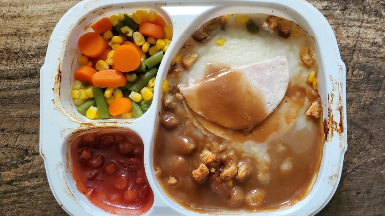 A Hungry Man roast turkey dinner in white packaging