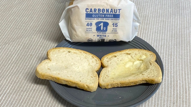 Carbonaut keto bread with two slices on a plate.