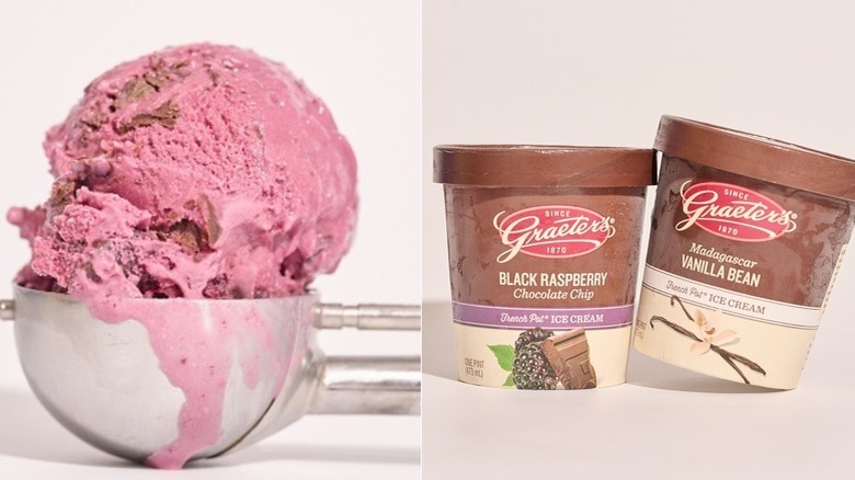 Two pints of Graeter's on a table, one vanilla bean flavor, the other black raspberry chocolate chip, and a scoop of black raspberry ice cream