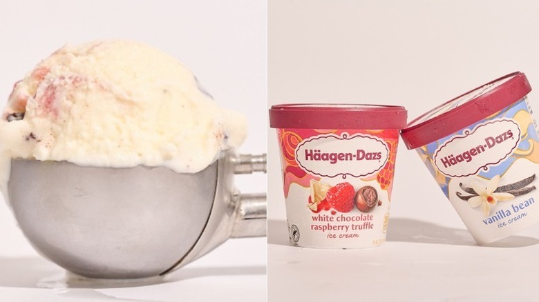 Two pints of häagen-dazs ice cream balanced on a table, one vanilla bean flavor, the other white chocolate raspberry truffle, and a scoop of strawberry truffle ice cream