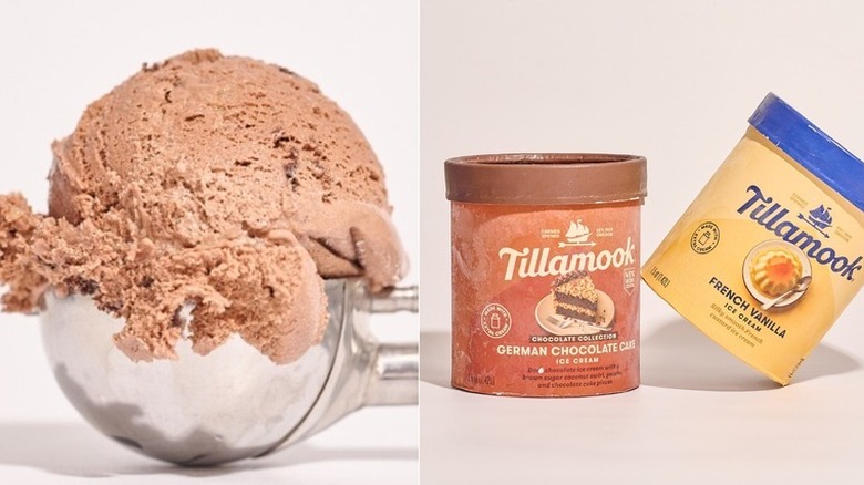 Two Tillamook ice cream quarts on a table, one French Vanilla flavor and the other German chocolate cake, and a scoop of chocolate ice cream
