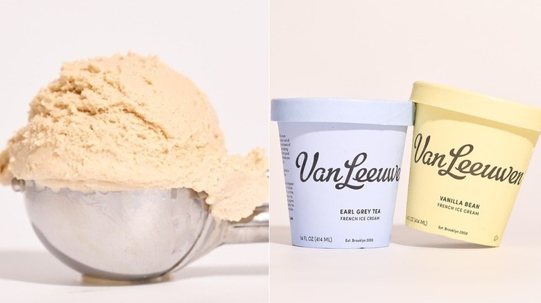 Two pints of Van Leeuwen ice cream on a table, one vanilla bean flavor and the other Earl Grey tea flavor, and a scoop of vanilla ice cream