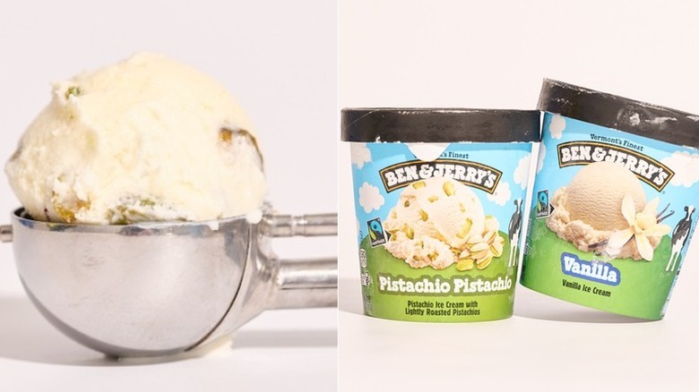 Two pints of Ben & Jerry's ice cream on a table, one vanilla and one pistachio flavor, and a scoop of pistachio ice cream