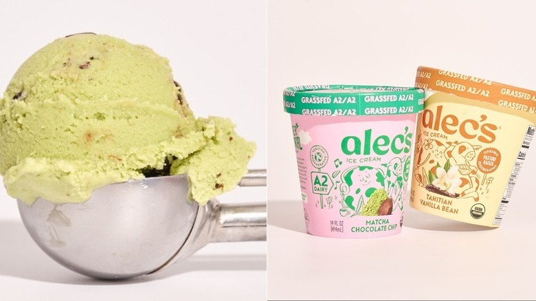 Two pints of alec's ice cream on a table, one matcha chocolate chip flavor and the other vanilla bean, and a scoop of matcha ice cream