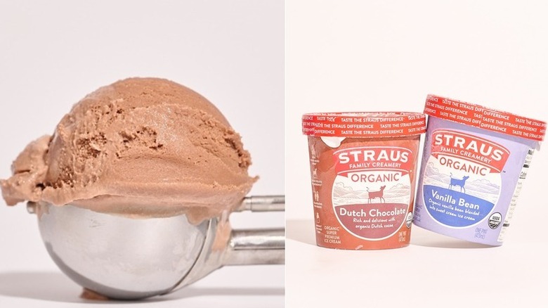 Two pints of straus ice cream on a table, one Dutch Chocolate flavor, the other Vanilla Bean, and a scoop of chocolate ice cream
