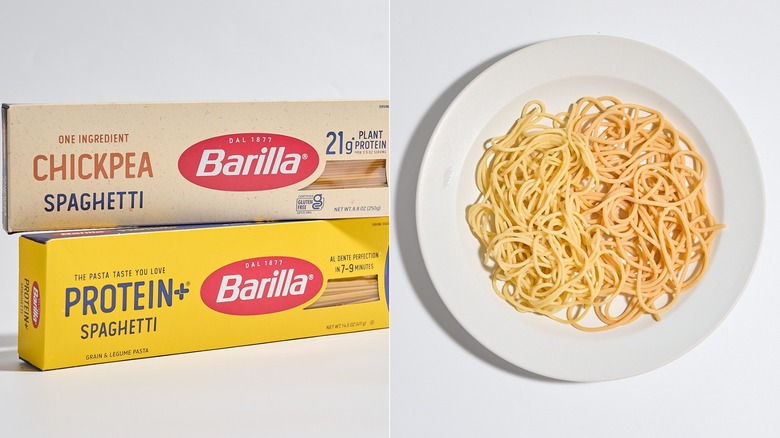box of barilla pasta next to plate of cooked pasta