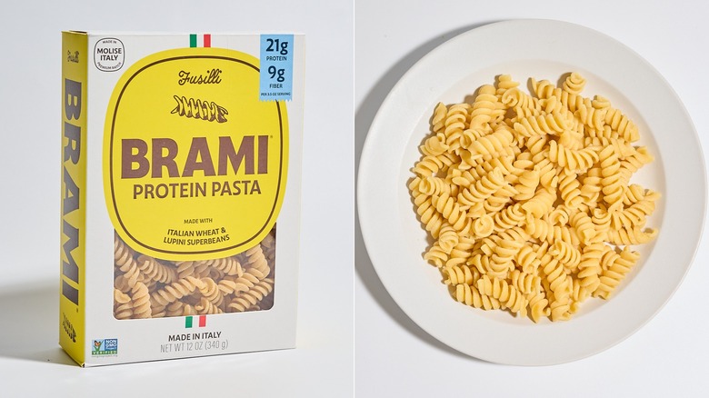 box of brami pasta next to a plate of cooked pasta