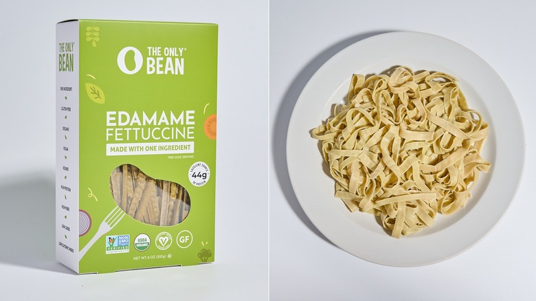 Box of only bean pasta next to a plate of cooked pasta