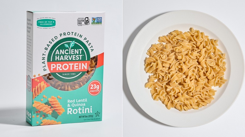 Box of ancient harvest pasta next to a plate of cooked pasta.