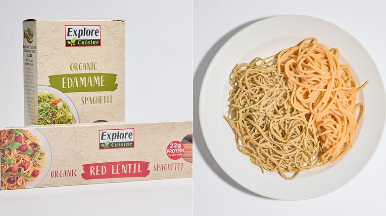 Box of explore protein pastas next to plate of cooked pasta