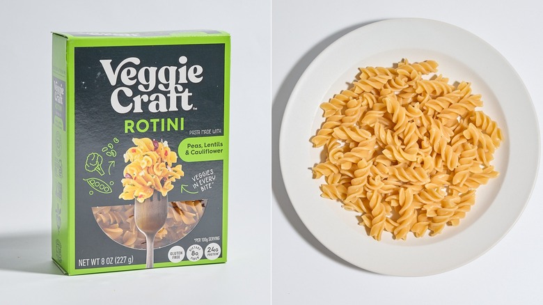 Box of veggie craft pasta next to cooked plate of pasta.