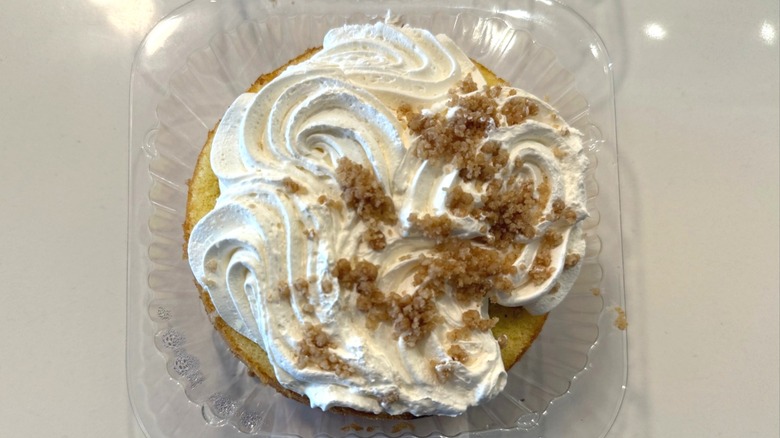Overhead shot of Publix guava shortcake on a white table