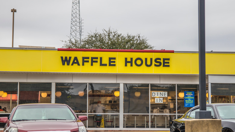 Waffle House sign on exterior of restaurant