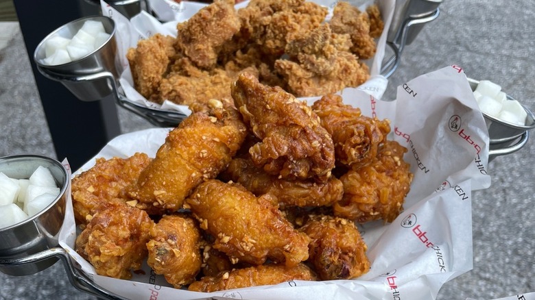 A basket of fried chicken from bb.q Chicken