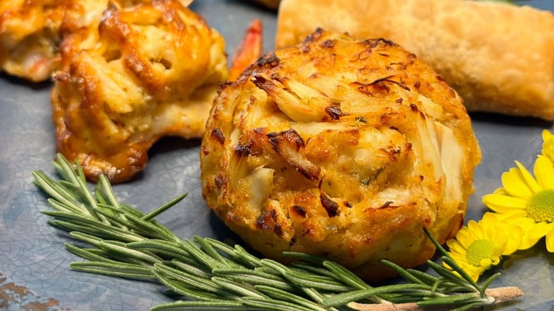 A crab cake on a plate at Pappas Seafood Co. in Baltimore