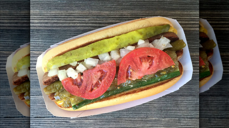 A Shake Shack Garden Dog with Rick's Picks Shack relish, onion, cucumber, pickle, tomato, sport pepper, celery salt and mustard