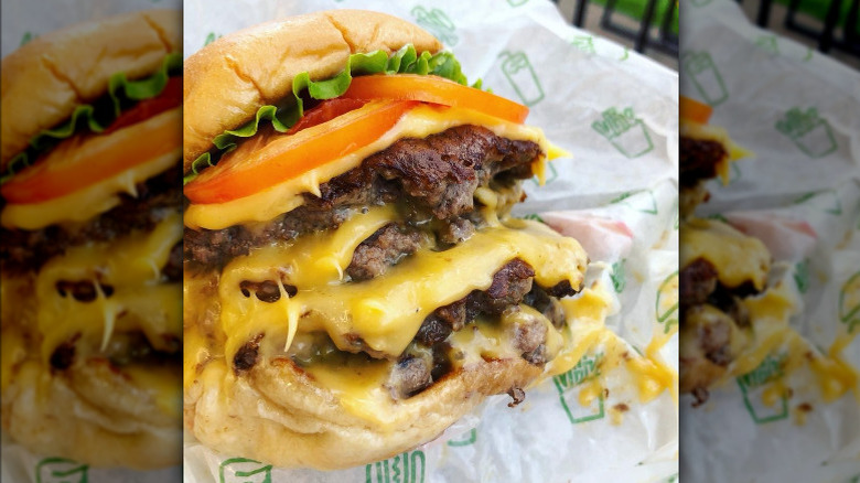 A close-up of Shake Shack's secret menu item, the Quad Burger