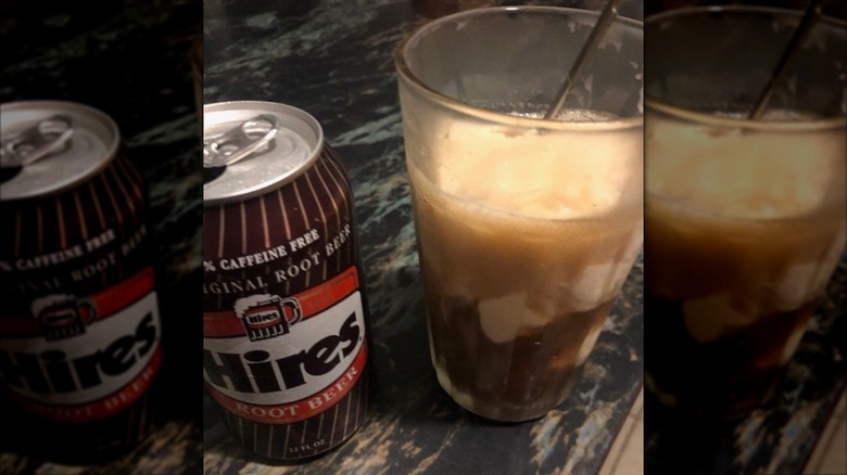 Can and glass of Hires Root Beer