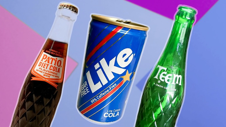 Bottles of Patio Diet Cola, Like soda, and Teem soda