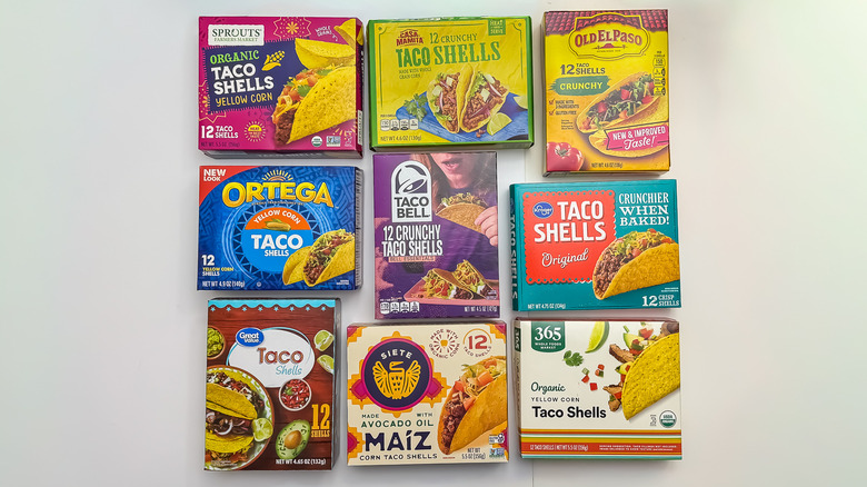 Nine different brands of store-bought hard taco shell boxes