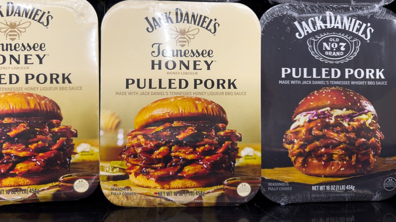 packages of Jack Daniels pulled pork in a line