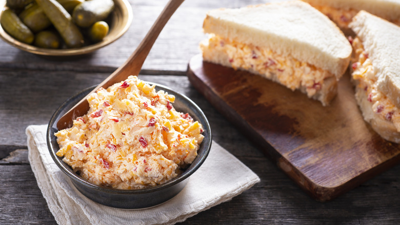homemade pimento cheese and pimento cheese sandwich