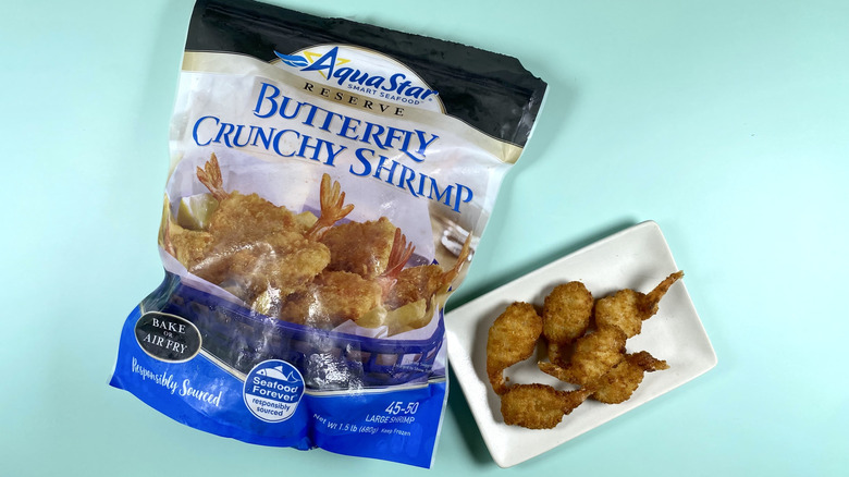 AquaStar Butterfly Crunchy Shrimp, both the original packaging and on a small plate