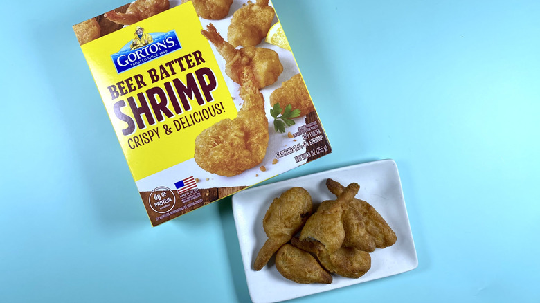 Gorton's Beer Batter Shrimp, both the original packaging and on a small plate