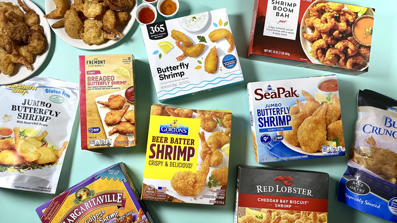 Assorted brands of fried frozen shrimp boxes, with shrimp in the top left corner on plates