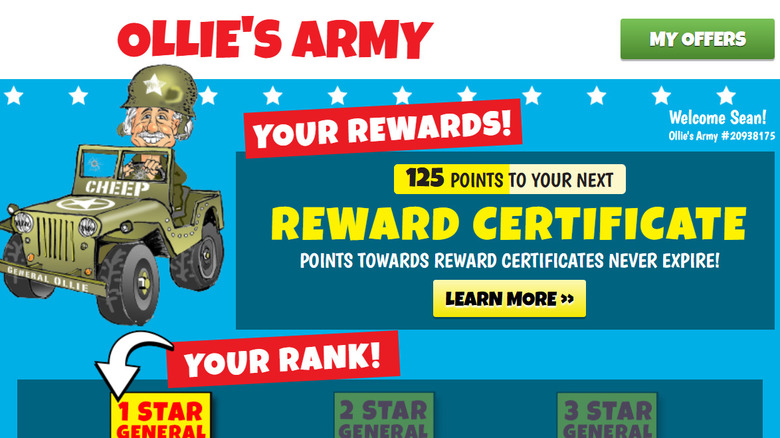 A screenshot of the Ollie's Army app showing current rewards points, offers, and "rank" of "1 star general"