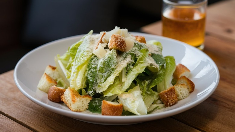 Caesar salad on white plate