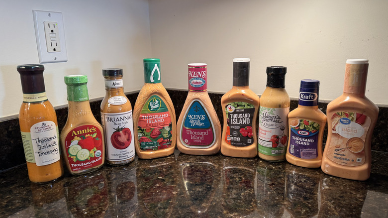 Line of Thousand Island dressings on kitchen counter