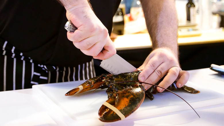 Person chopping into lobster with a knife