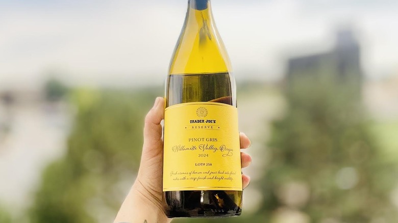 Someone's hand holding a bottle of Trader Joe's Reserve Pinot Gris