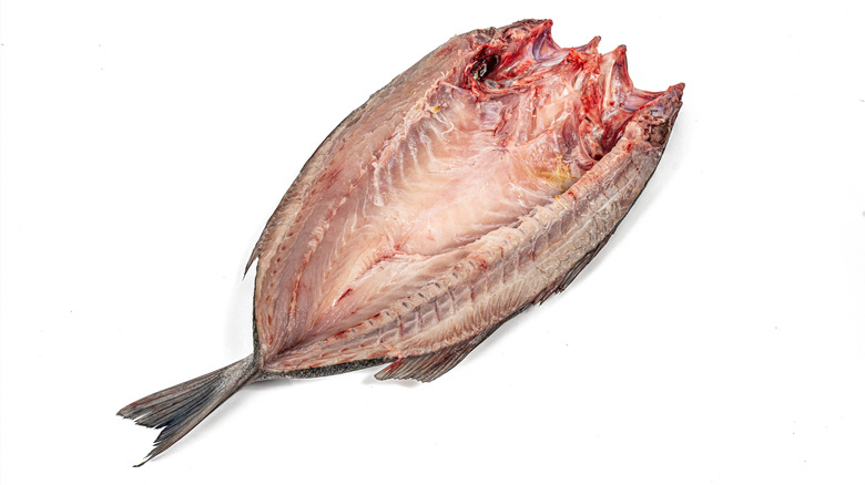 sea bass butterfly fillet cut on white isolated background