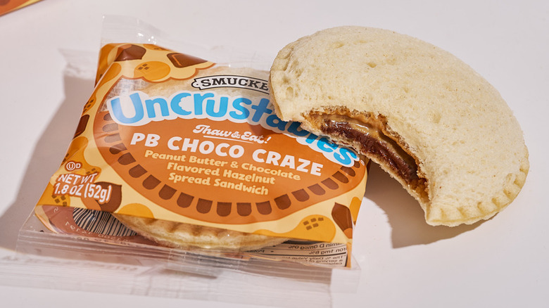 A peanut butter and chocolate Uncrustable on a table