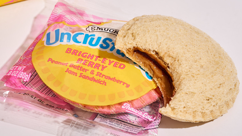 A strawberry protein Uncrustable on a table