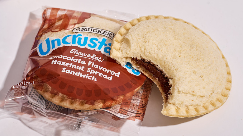 A chocolate-filled Uncrustable on a table