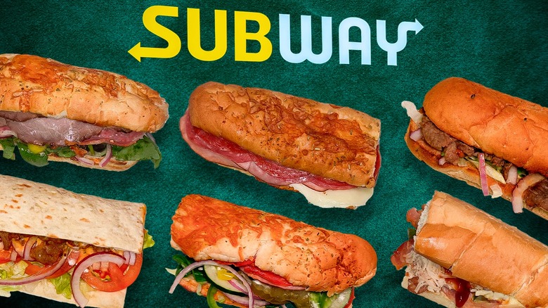 A collage of 6-inch subs with the Subway logo above them