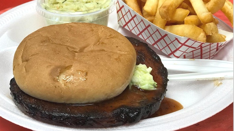 Closeup of barbecue bologna sandwich