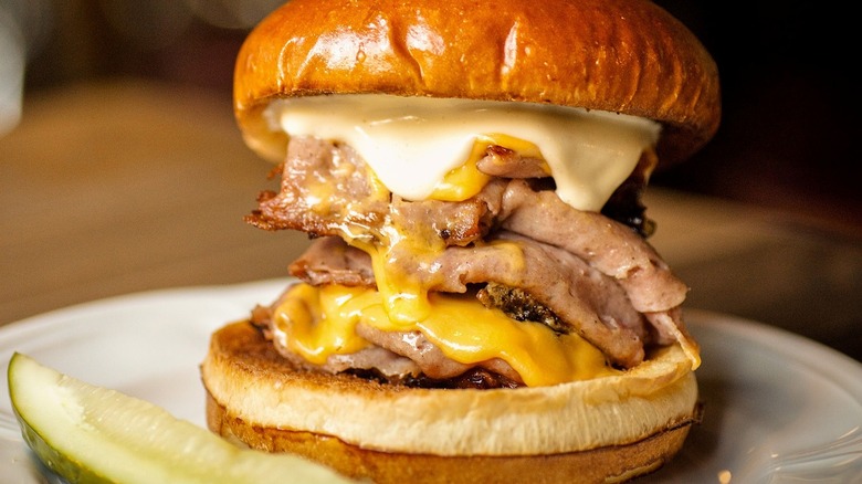 Artisanal bologna sandwich with pickle spear