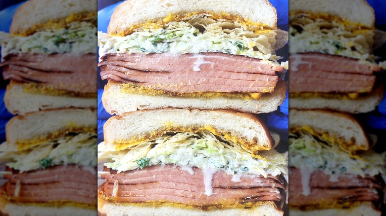 Smoked bologna sandwich stacked on top