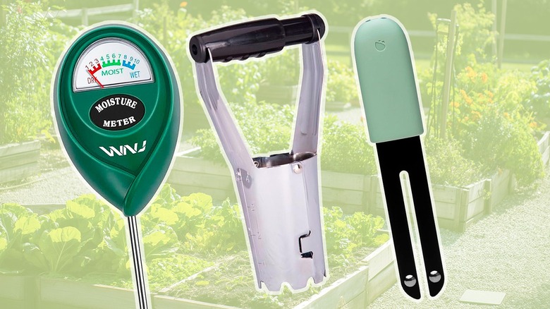 A soil moisture monitor, a hand bulb planter, and a plant monitor