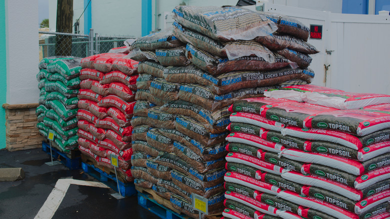 Large stacks of topsoil bags on display at a store