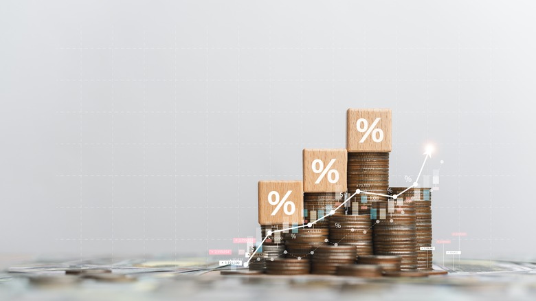 An analogy of a graph with percentage-sign labeled blocks stacked on top of increasing coin stacks