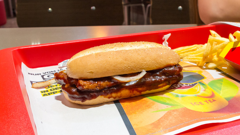 A McRib on a tray at McDonald's