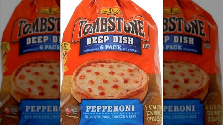 Exterior packaging of Tombstone's now discontinued 6 pack of deep dish pepperoni pizzas.